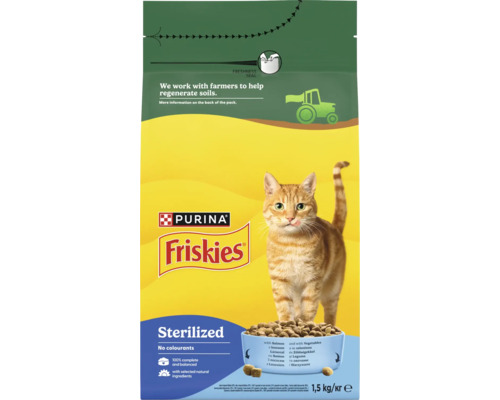 Hrană pentru pisici Purina Friskies Sterilized cu somon și legume, pachet de 1,5 kilograme cu sigiliu de prospețime.