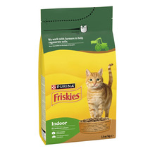 Hrană uscată pentru pisici Purina Friskies Indoor cu pui, curcan și legume, pachet de 1,5 kilograme.
