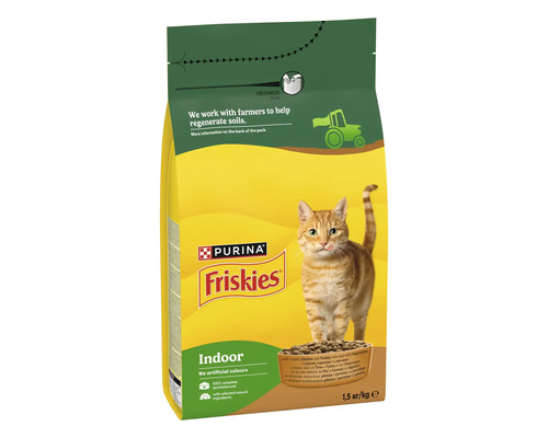 Hrană uscată pentru pisici Purina Friskies Indoor cu pui, curcan și legume, pachet de 1,5 kilograme.