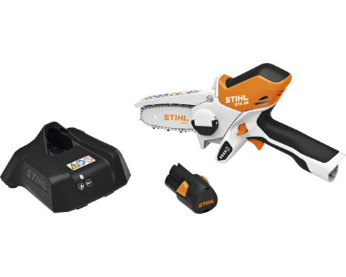Motofierăstrău de grădină cu acumulator Stihl GTA 26 în set cu acumulator și încărcător pentru tăierea copacilor și tufișurilor.
