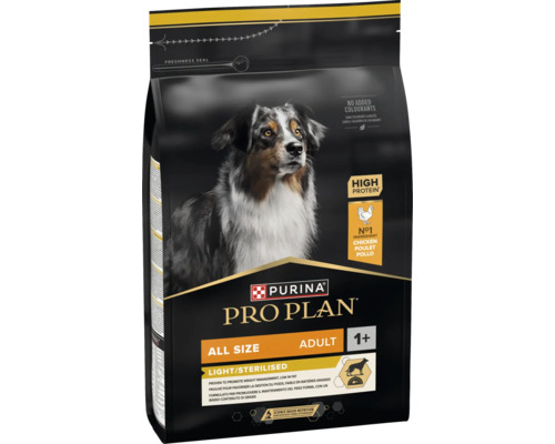 Hrană pentru câini Purina Pro Plan pentru câini adulți de toate taliile, Light și Sterilised cu pui, conținut ridicat de proteine și fără coloranți.