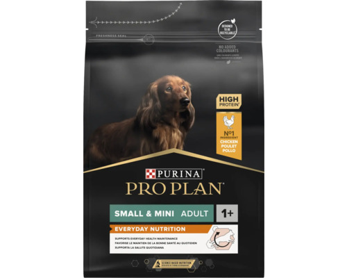 Hrană uscată pentru câini Purina Pro Plan Small și Mini Adult cu pui, ambalaj cu teckel, conținut ridicat de proteine, fără coloranți adăugați.
