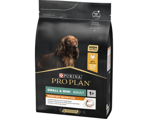 Purina Pro Plan Logo, hrană uscată câini Small și Mini Adult, pui, Everyday Nutrition, pentru câini peste un an, trei kilograme, reciclabil.