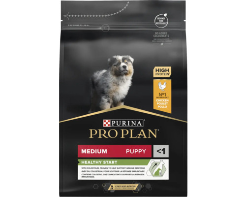 Hrană uscată Purina Pro Plan Healthy Start pentru căței de talie medie sub un an, cu pui, conținut ridicat de proteine, fără coloranți adăugați.