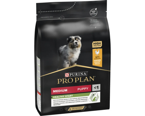 Purina Pro Plan Medium Puppy Healthy Start, hrană uscată pentru căței de talie medie sub un an cu pui, ambalaj reciclabil.