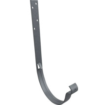Cârlig de jgheab din metal gri pentru jgheaburi cu găuri de montare pre-perforate și clemă de fixare.