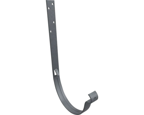 Cârlig de jgheab din metal gri pentru jgheaburi cu găuri de montare pre-perforate și clemă de fixare.