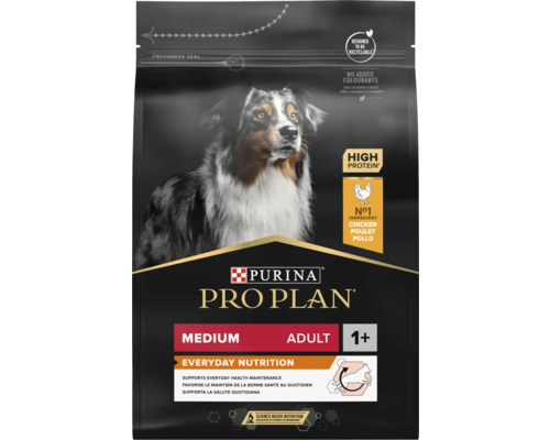 Purina Pro Plan Medium Adult cu pui, bogat în proteine, fără coloranți, pentru câini de peste un an, ambalaj reciclabil, Purina Logo.