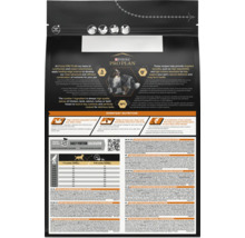 Spatele pungii Purina Pro Plan cu logo, Border Collie, beneficii, tabel porții și ingrediente. Simbol pentru ambalaj reciclabil.