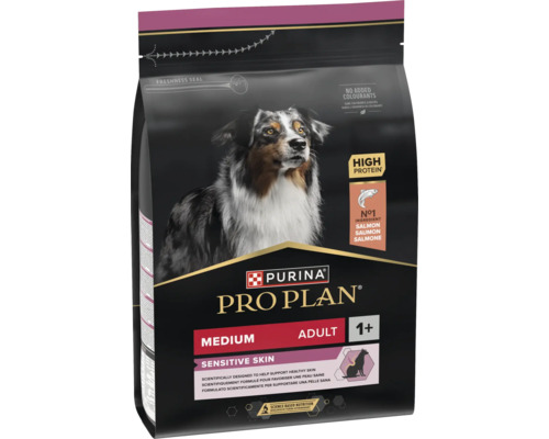 Hrană pentru câini Purina Pro Plan Medium Adult Sensitive Skin cu somon, bogată în proteine, fără coloranți adăugați, pentru câini de peste un an.