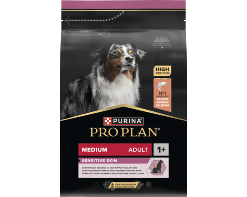 Hrană pentru câini Purina Pro Plan Medium Adult Sensitive Skin cu somon pentru câini adulți de talie medie cu piele sensibilă.