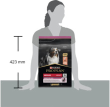 Sac cu hrană pentru câini Purina Pro Plan Medium Adult Sensitive Skin cu somon, înălțime 423 milimetri, lângă o siluetă pentru scară.
