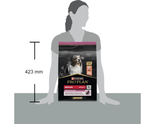 Sac cu hrană pentru câini Purina Pro Plan Medium Adult Sensitive Skin cu somon, înălțime 423 milimetri, lângă o siluetă pentru scară.