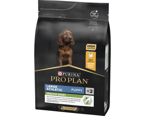 Purina Pro Plan cățeluși Healthy Start, talie mare atletică, pui, proteine ridicate, fără coloranți, sac de 3 kilograme.