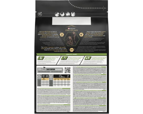 Spatele sacului Purina Pro Plan Healthy Start pentru căței de talie mare cu fizic atletic, cu informații nutriționale și tabele de hrănire.