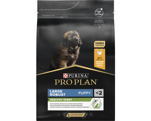 Purina Pro Plan hrană pentru căței de rase mari robuste, aromă de pui, conținut ridicat de proteine, fără coloranți, ambalaj reciclabil.