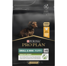 Hrană Purina Pro Plan Small și Mini pentru căței Healthy Start cu pui, bogată în proteine, fără coloranți, ambalaj reciclabil.