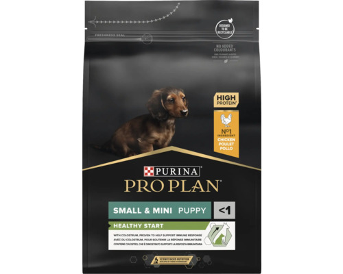 Hrană Purina Pro Plan Small și Mini pentru căței Healthy Start cu pui, bogată în proteine, fără coloranți, ambalaj reciclabil.
