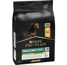 Purina Pro Plan Logo. Hrană uscată Small și Mini Puppy Healthy Start cu pui pentru căței sub un an în ambalaj reciclabil.