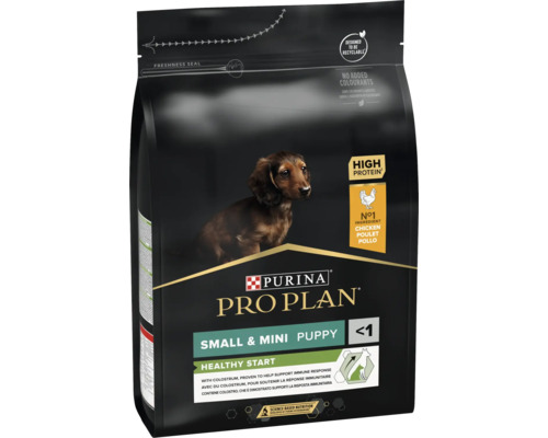Purina Pro Plan Logo. Hrană uscată Small și Mini Puppy Healthy Start cu pui pentru căței sub un an în ambalaj reciclabil.