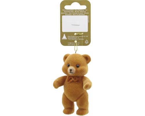 Pandantiv decorativ în formă de ursuleț cu suprafață catifelată și fundă mică. Pandantiv decorativ în formă de ursuleț cu suprafață catifelată și fundă mică.