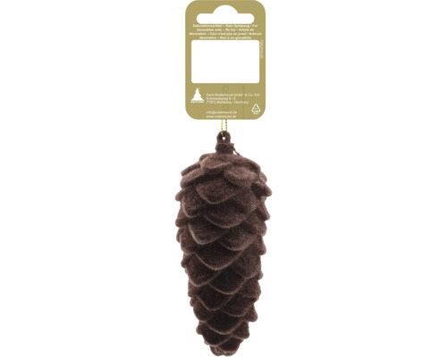 Con de pin flocat maro închis ca ornament de Crăciun cu buclă de agățat aurie. Con de pin flocat maro închis ca ornament de Crăciun cu buclă de agățat aurie.