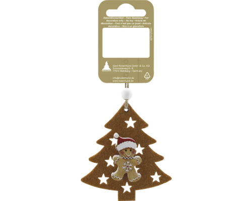 Ornament de brad de Crăciun din pâslă maro, cu decupaje în formă de stea și o figurină om de turtă dulce, cu mărgeluță albă și șnur. Ornament de brad de Crăciun din pâslă maro, cu decupaje în formă de stea și o figurină om de turtă dulce, cu mărgeluță albă și șnur.