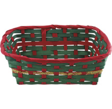 Coș împletit din lemn în roșu și verde cu bandă decorativă aurie.