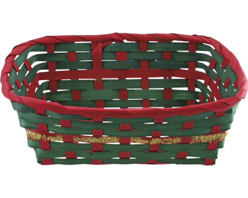 Coș împletit din lemn în roșu și verde cu bandă decorativă aurie.
