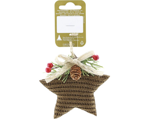 Decorațiune de Crăciun stea din tricot maro cu con de brad, bobițe roșii și fundă din iută. Decorațiune de Crăciun stea din tricot maro cu con de brad, bobițe roșii și fundă din iută.