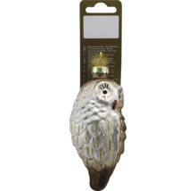 Ornament de Crăciun din sticlă în formă de bufniță cu sclipici și agățătoare.