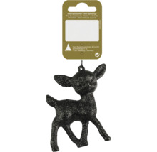 Ornament de Crăciun în formă de căprioară cu sclipici negru și etichetă din carton cu Geroma Logo.
