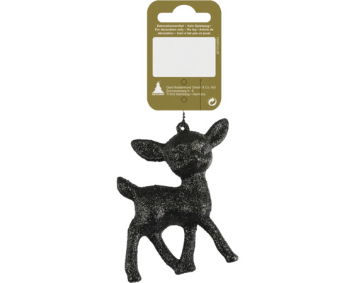 Ornament de Crăciun în formă de căprioară cu sclipici negru și etichetă din carton cu Geroma Logo.