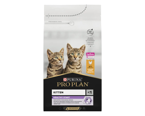 Purina Pro Plan Kitten Healthy Start hrană uscată pentru pisoi cu pui, ambalaj reciclabil cu sigiliu de prospețime.