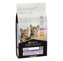 Hrană uscată Purina Pro Plan Kitten Healthy Start cu pui pentru pisoi sub un an, ambalaj cu doi pisoi și material reciclabil.