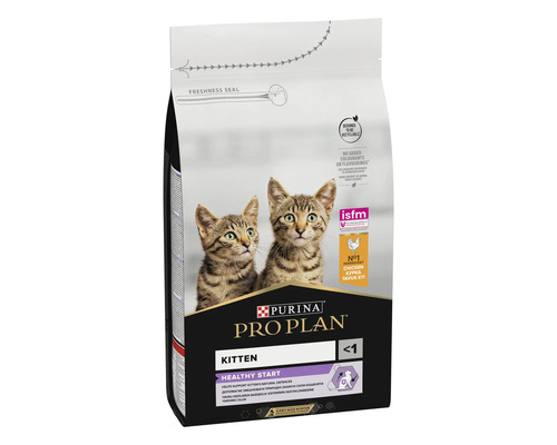 Hrană uscată Purina Pro Plan Kitten Healthy Start cu pui pentru pisoi sub un an, ambalaj cu doi pisoi și material reciclabil.