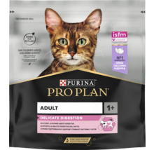 Purina Pro Plan hrană pentru pisici Adult Delicate Digestion pentru pisici de peste un an, ingredient principal curcan, cu imaginea unei pisici.