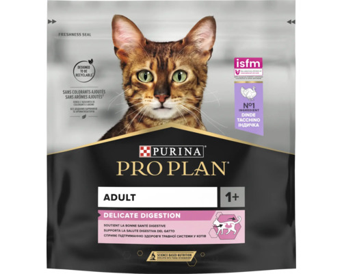 Purina Pro Plan hrană pentru pisici Adult Delicate Digestion pentru pisici de peste un an, ingredient principal curcan, cu imaginea unei pisici.