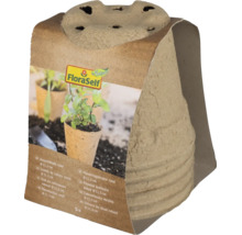 Cinci ghivece de răsad rotunde FloraSelf Nature cu un diametru de 11,5 centimetri din material biodegradabil.