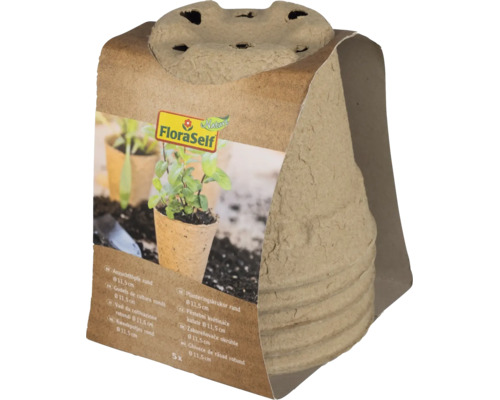 Cinci ghivece de răsad rotunde FloraSelf Nature cu un diametru de 11,5 centimetri din material biodegradabil.