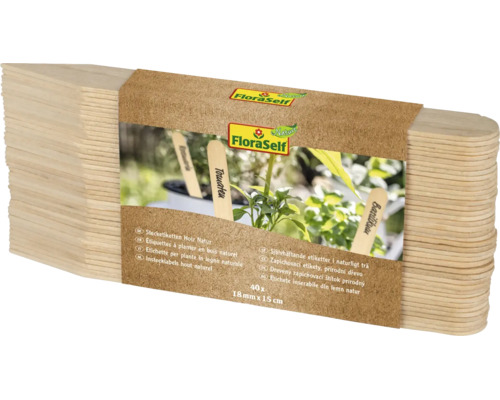Etichete de înfipt FloraSelf din lemn natural, 40 bucăți, 18 milimetri pe 15 centimetri, pentru marcarea plantelor. FloraSelf Logo.