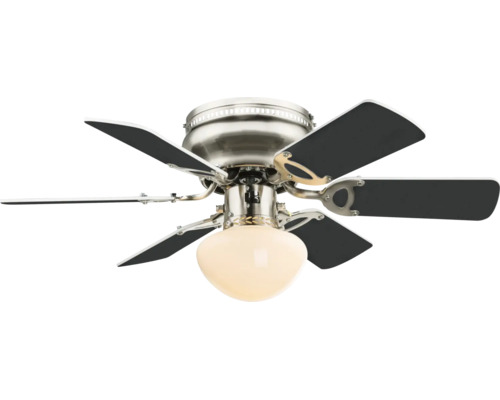 Ventilator de tavan cu șase palete și corp de iluminat integrat cu abajur din sticlă.