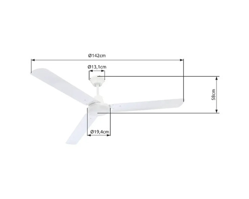 Ventilator de tavan alb cu trei pale. Diametru 142 centimetri, înălțime 58 centimetri, carcasă 19,4 și rozetă 13,1 centimetri.