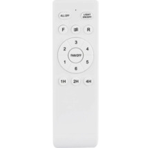 Telecomandă albă pentru ventilatoare de tavan cu butoane pentru lumină, șase viteze, funcție înainte și înapoi și temporizator pentru 1, 2 și 4 ore.