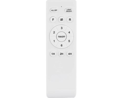 Telecomandă albă pentru ventilatoare de tavan cu butoane pentru lumină, șase viteze, funcție înainte și înapoi și temporizator pentru 1, 2 și 4 ore.