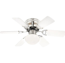 Ventilator de tavan cu lumină, șase palete albe și carcasă metalică.