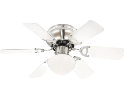 Ventilator de tavan cu lumină, șase palete albe și carcasă metalică.