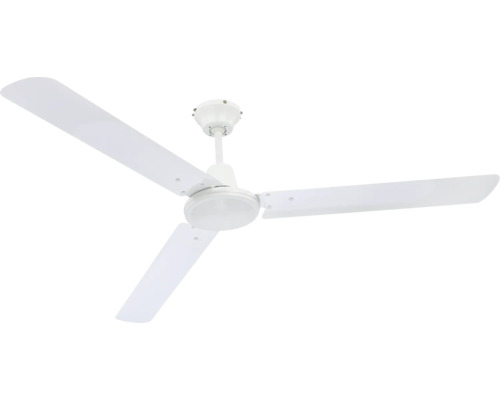 Ventilator de tavan cu trei pale metalice de culoare albă.