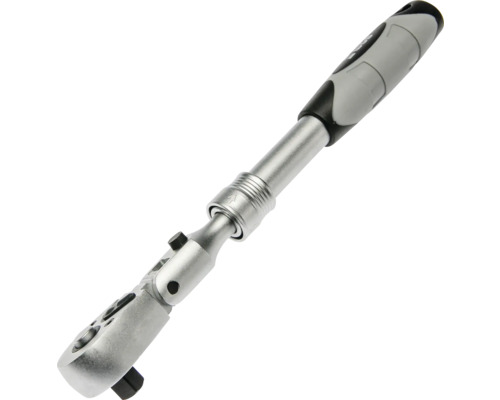 Clichet telescopic cu cap articulat, tijă metalică extensibilă, mâner ergonomic din plastic negru și gri.