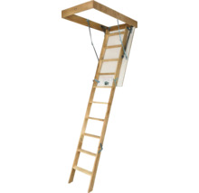 Scară de mansardă pliabilă din lemn cu ramă și feronerie metalică.